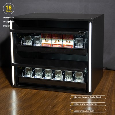 Mini Counter Top Led Metal tobacco and cigarette display shelves stand fixture with automatic pushers and sliding drawers