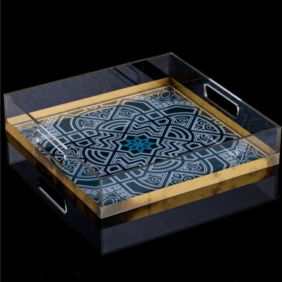 Transparent Square Clear Acrylic Plastic Trays Insert Handle Arab Food Serving Tray