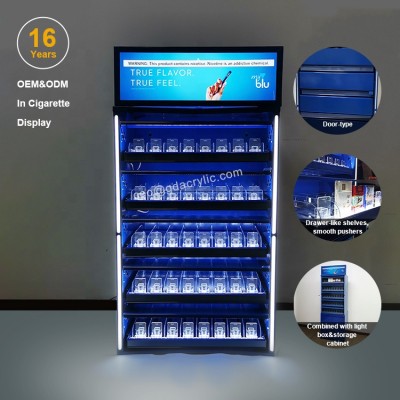 Cigarette Tobacco Cigar Vape Product Counter Floor Shelf Pusher System Metal Display Stands Cabinet Rack Shelf With Door Lock