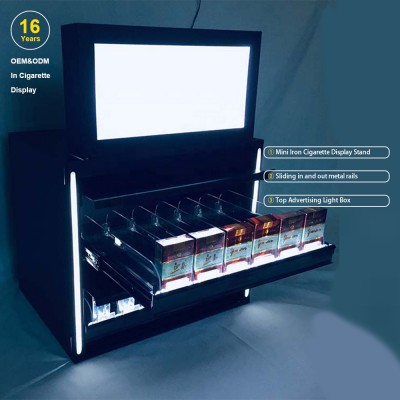 China Authority Factory Sliding In and Out Metal Rails Top Advertising Light Box Mini Iron Cigarette Display Case Showcase Stand